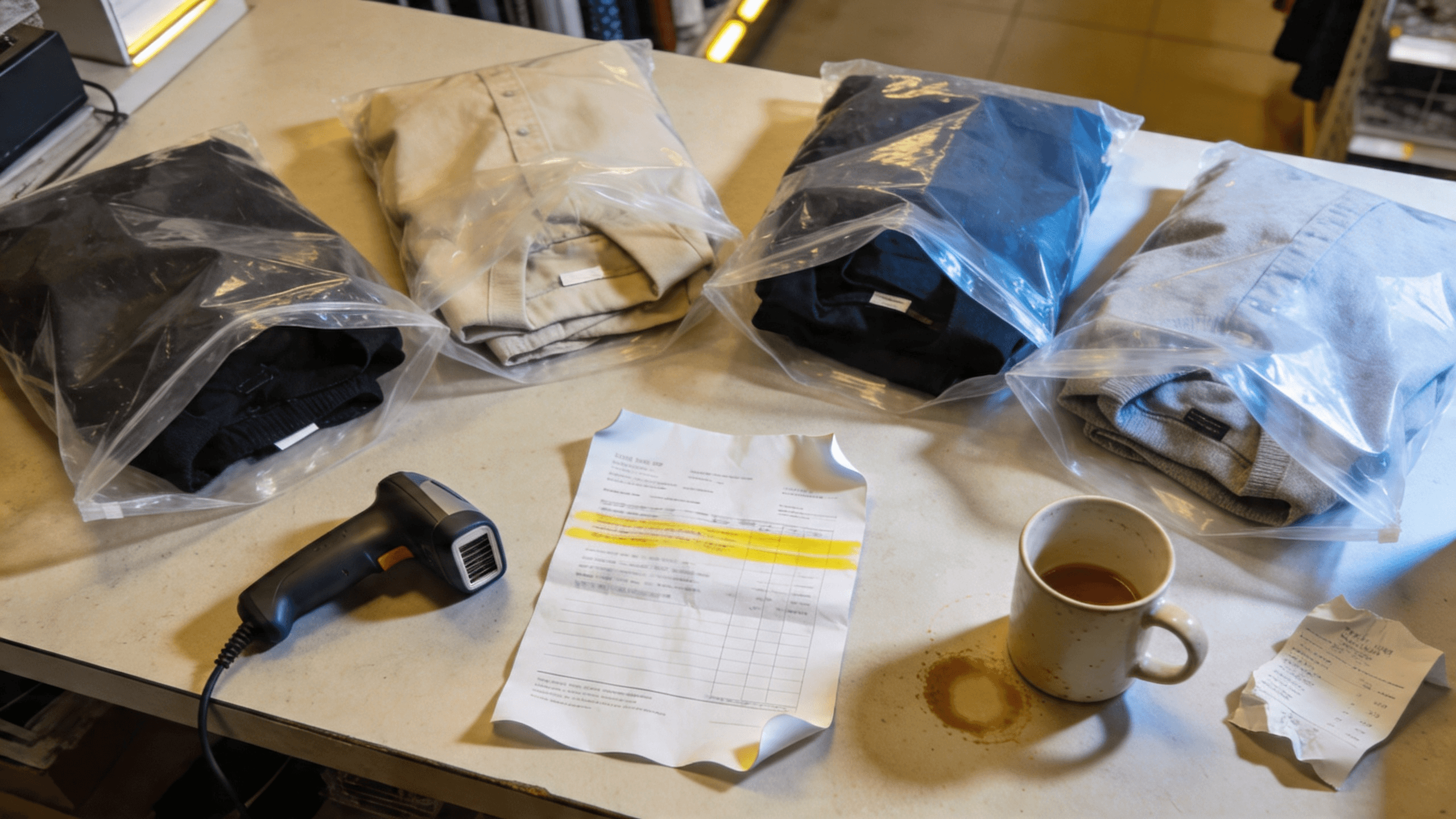 A re-tagging station with polybags, a barcode scanner, packing list, and coffee