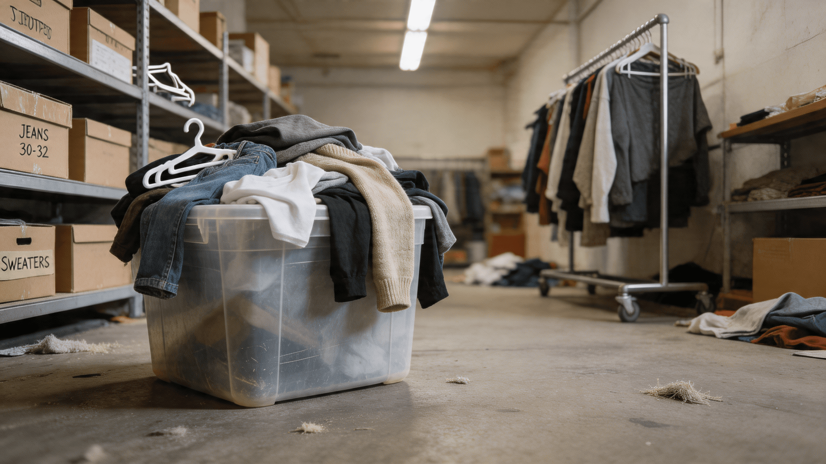 A plastic bin overflowing with unsorted returns in a stockroom